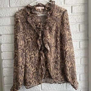 Etcetera Brown Leaf-Print Ruffle Blouse